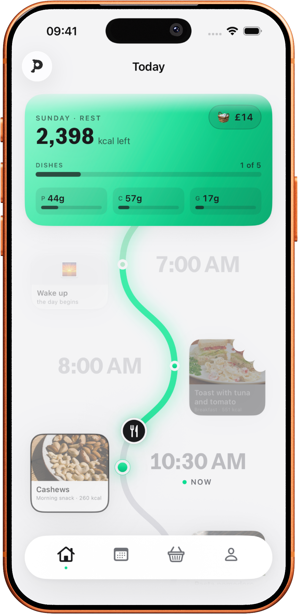 Palete meal planner showing today's meals, calories, nutrients and grocery budget